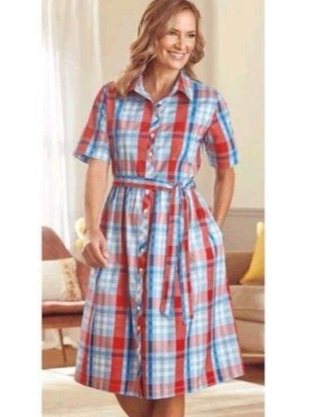 NWT Anthony Richards Red & Blue Plaid Button-Front Dress